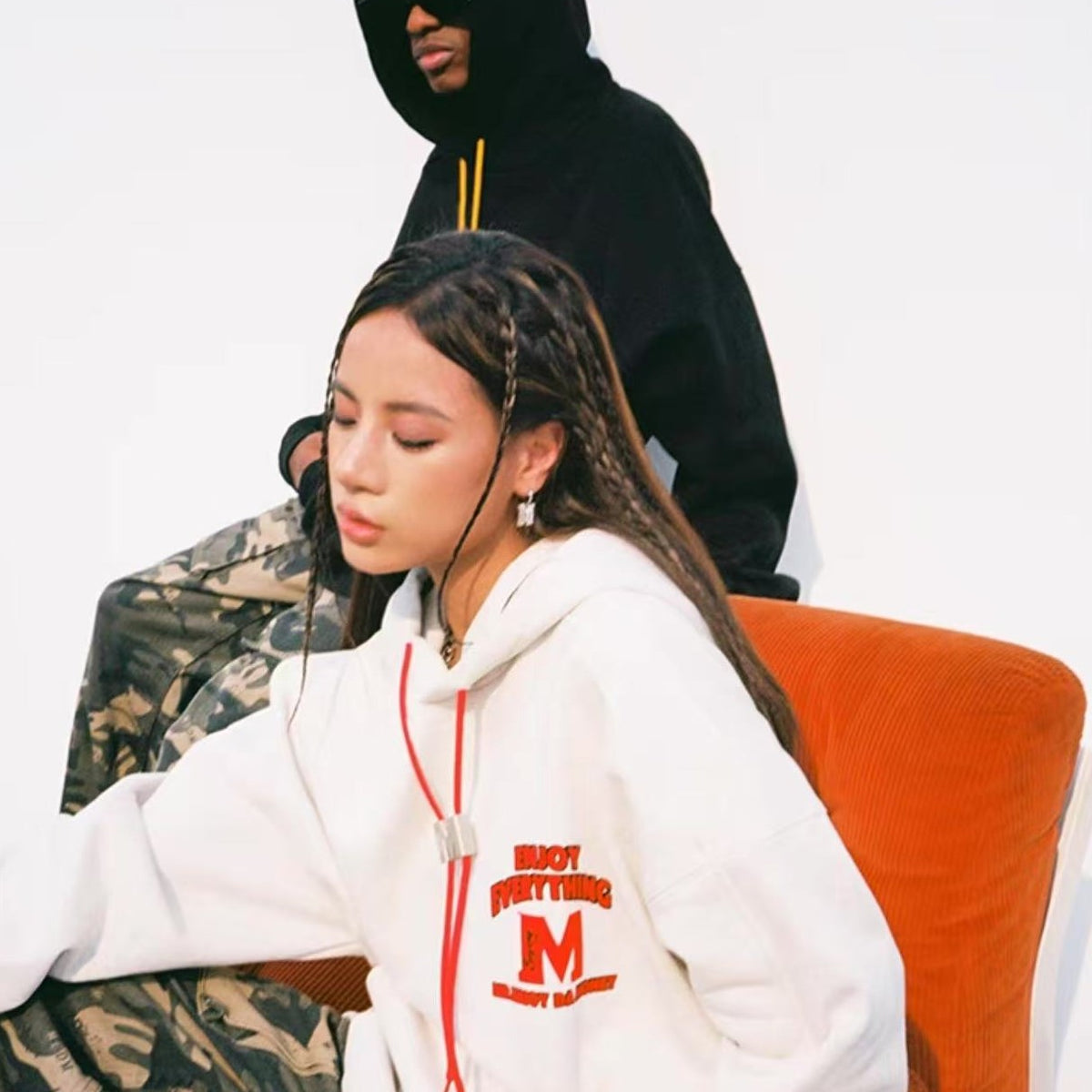 MEDM M Button Drawstring with Letter Print Hoodie
