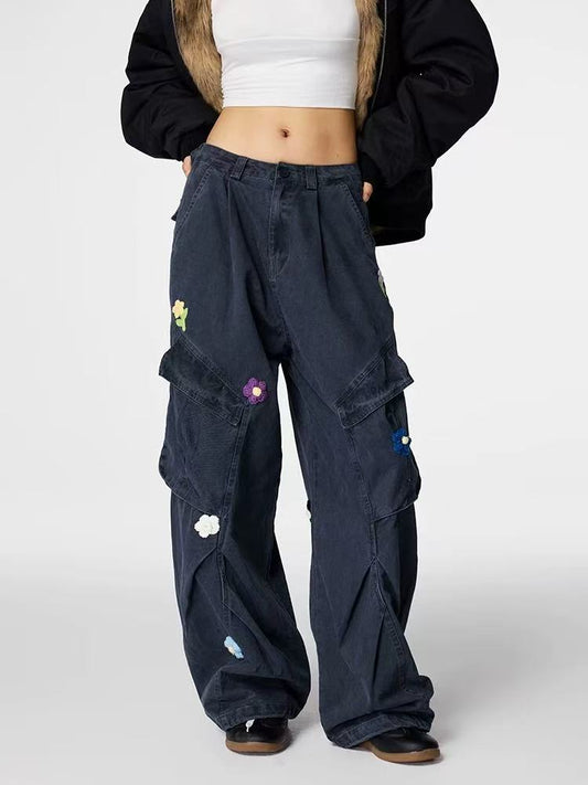 ACHOCK Vintage Multi-pocket Floral Embroidered Paratrooper Pants