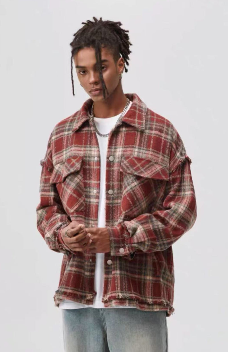 ATRY Washed Distressed Vintage Plaid Raw Edge Jacket