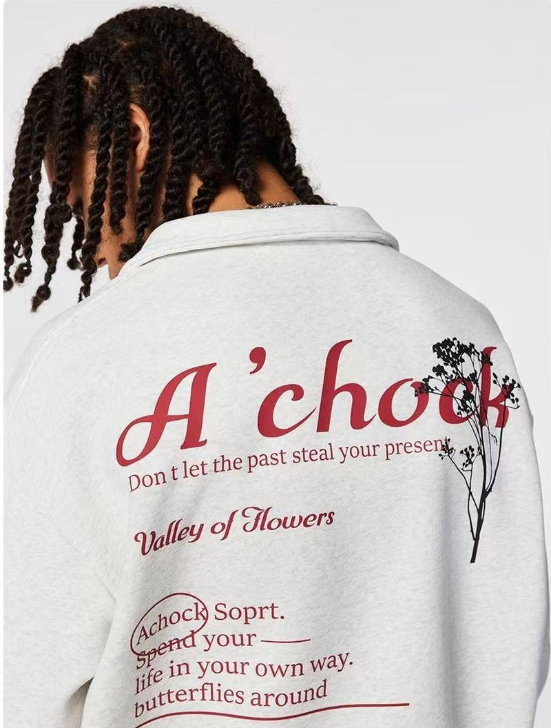 ACHOCK Butterfly Appliqué Polo Zipper Sweatshirt
