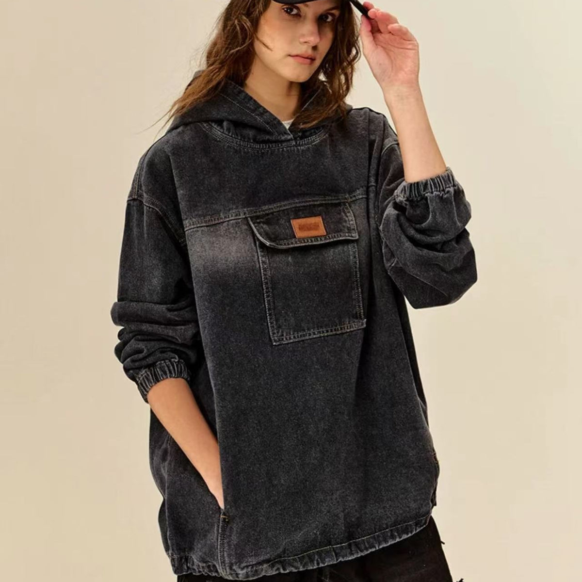 ICONSLAB Washed Denim Drawstring Split Hoodie