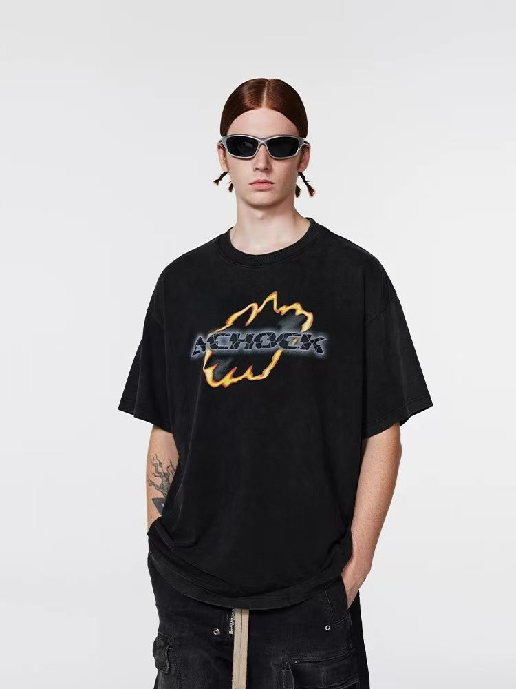 ACHOCK Washed Distressed Flame Print T-shirts