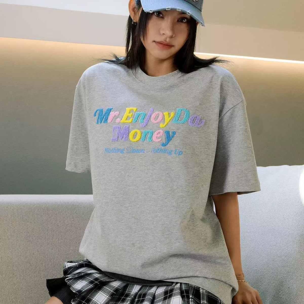 MEDM Macaron Color Letters Towel Embroidered Short Sleeve T-Shirt
