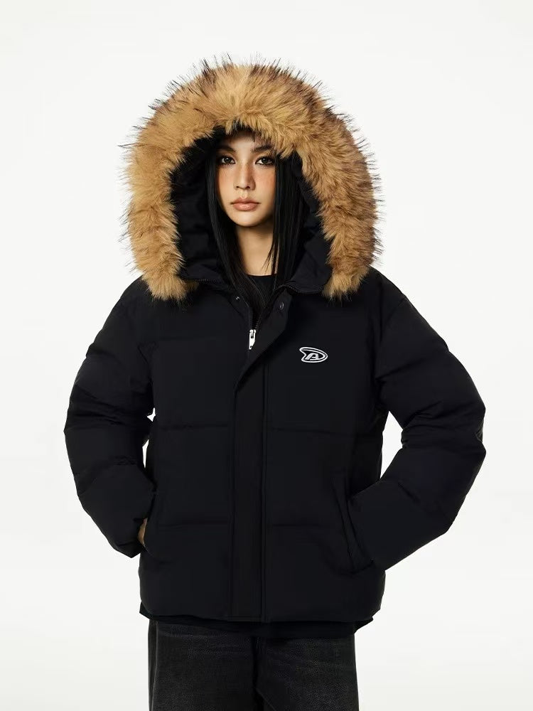 ACHOCK Logo Print Fur Collar Hooded Down Jacket