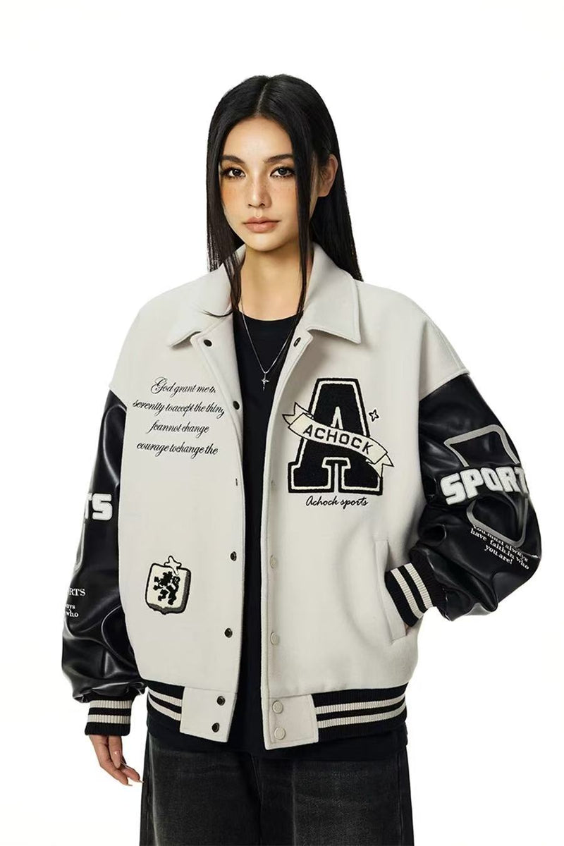 ACHOCK Embroidered Lapel Vintage Baseball Jacket