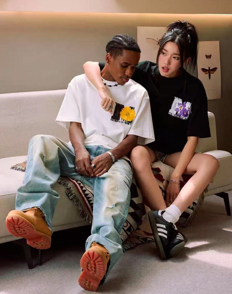 MEDM Mottled Logo Floral Embroidery Short-sleeved T-shirt