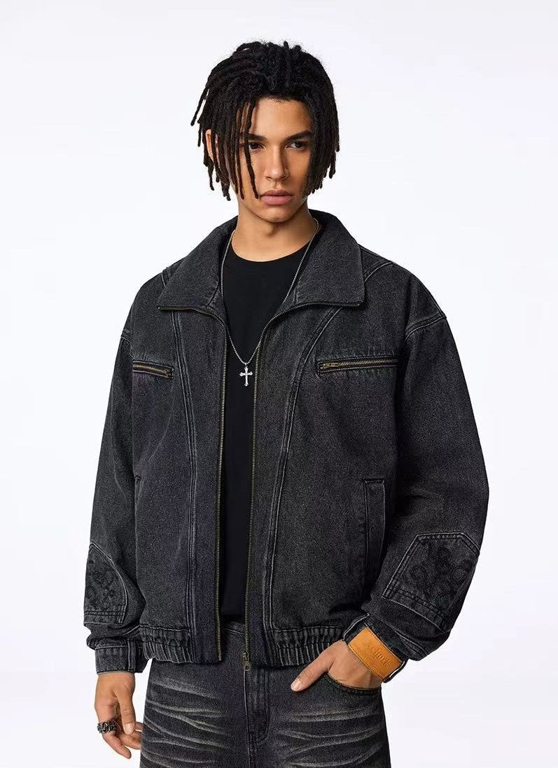 ACHOCK Street Wash Deconstructed Stand Collar Denim Jacket