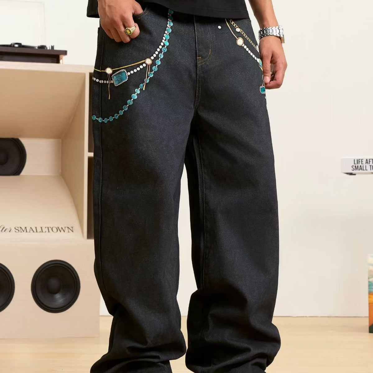STK Heavy Work 3D Turquoise Pearl Printed Jeans