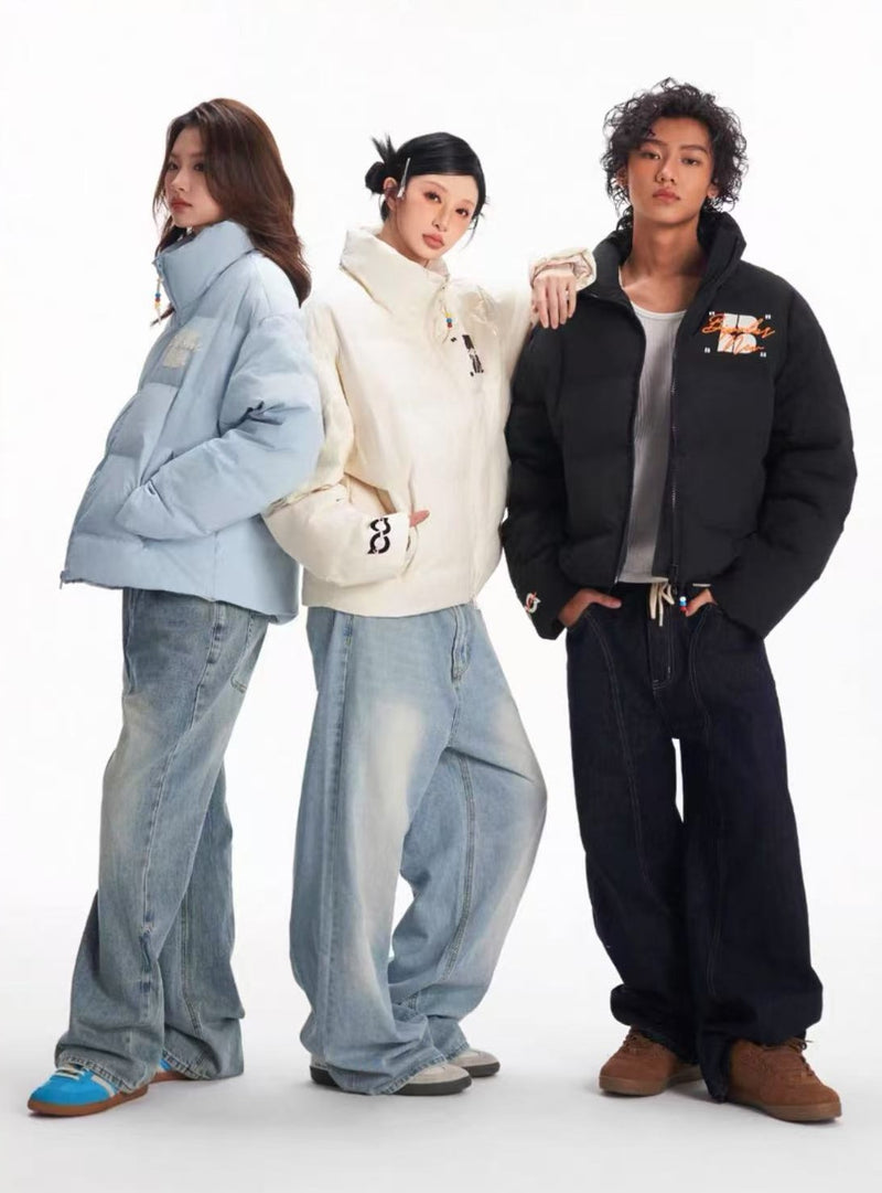 BIPOLAR Contrast Color Embroidered Letters Down Jacket