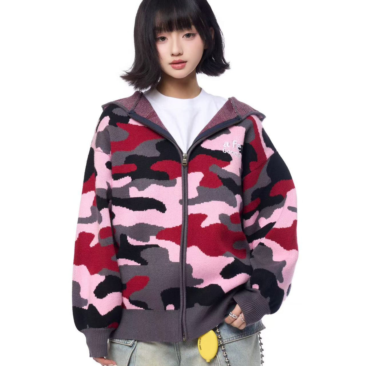 AFGK Pink Camouflage Hooded Cardigan Sweater