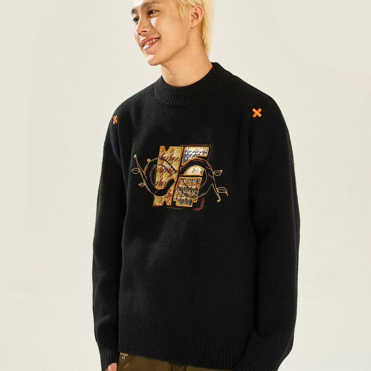 BIPOLAR×NSTNEW Logo Design Black Crew Neck Sweater