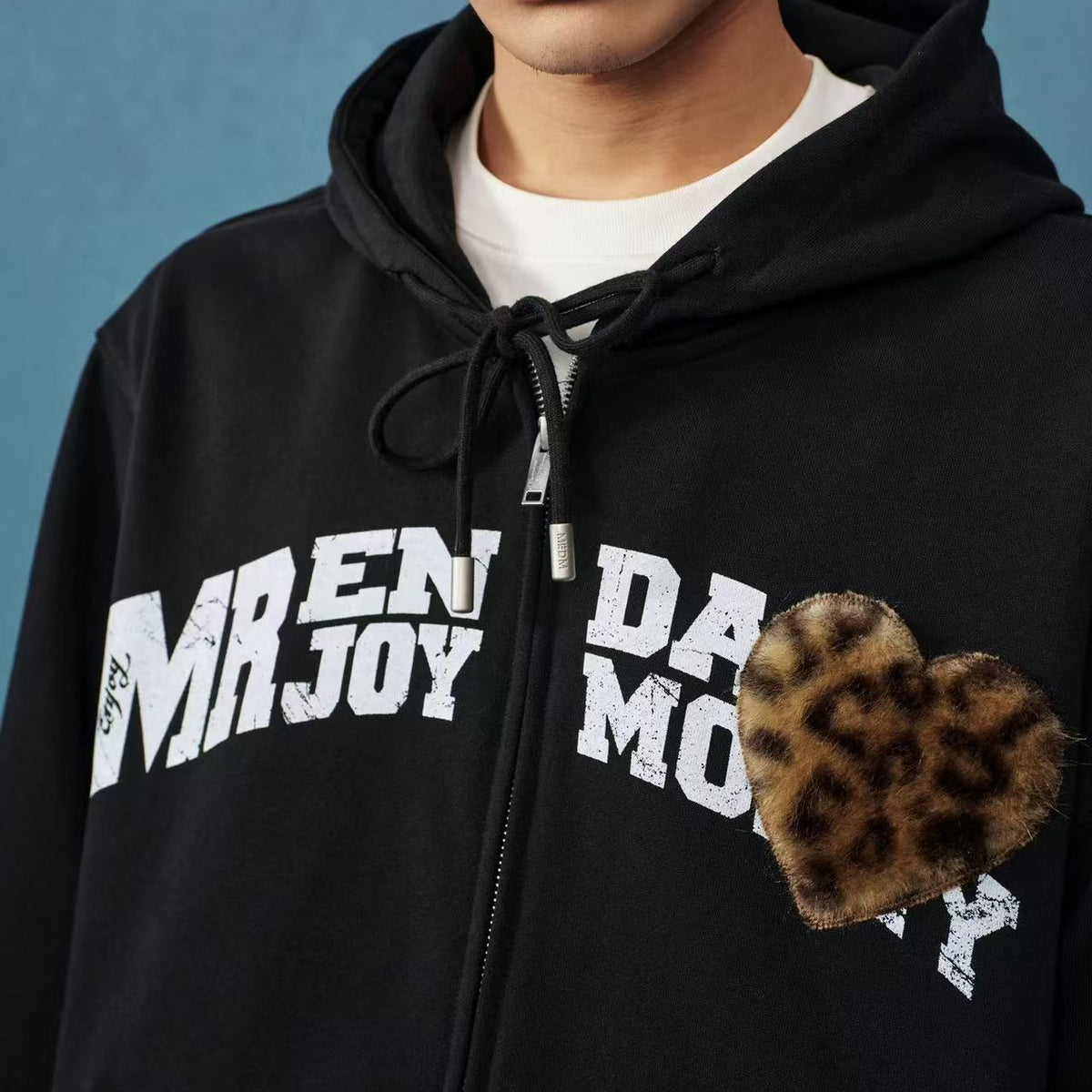 MEDM Distressed Font Heart Plush Leopard Print Zip Hoodie