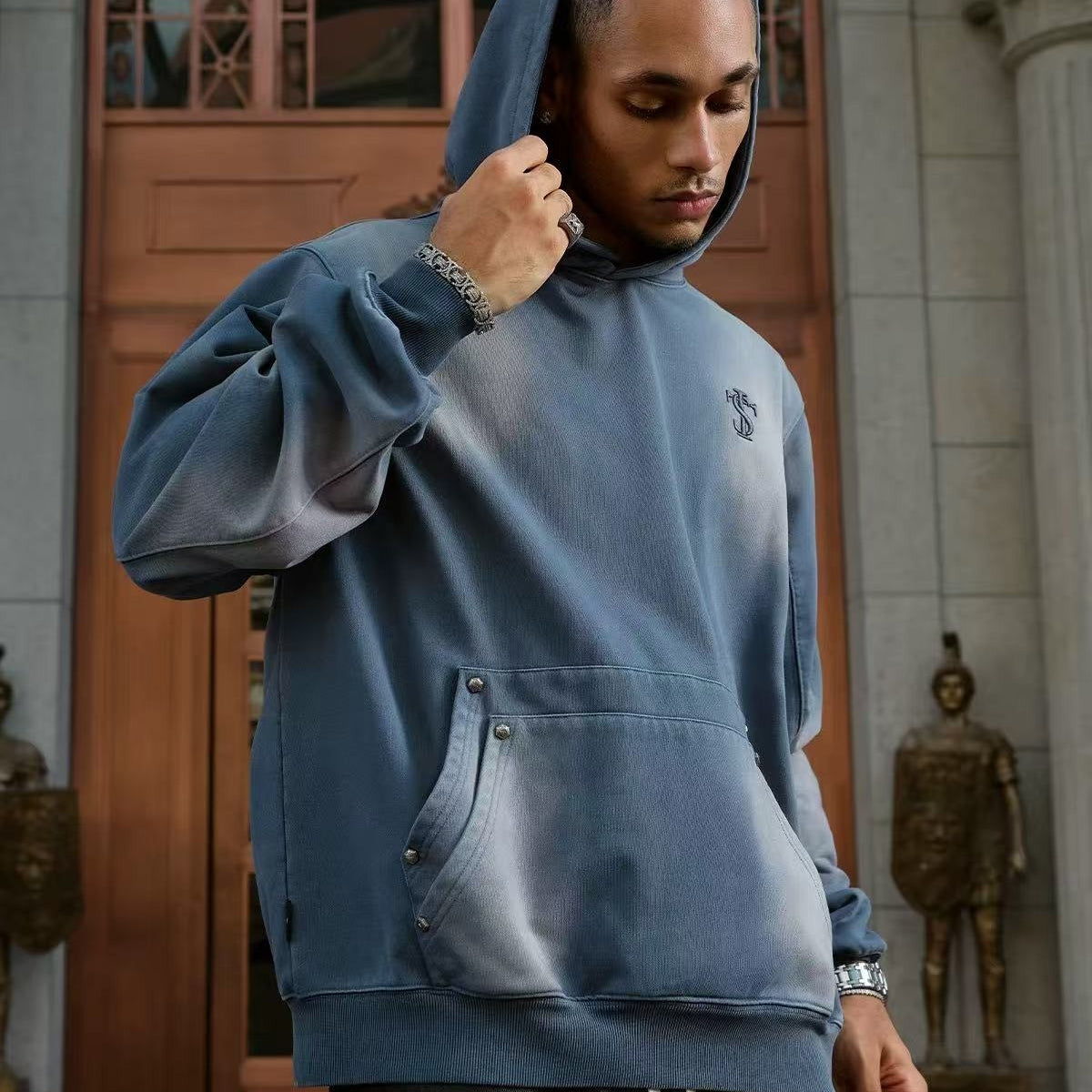 STK Double Pouch Rivet Pocket Wash Hoodie