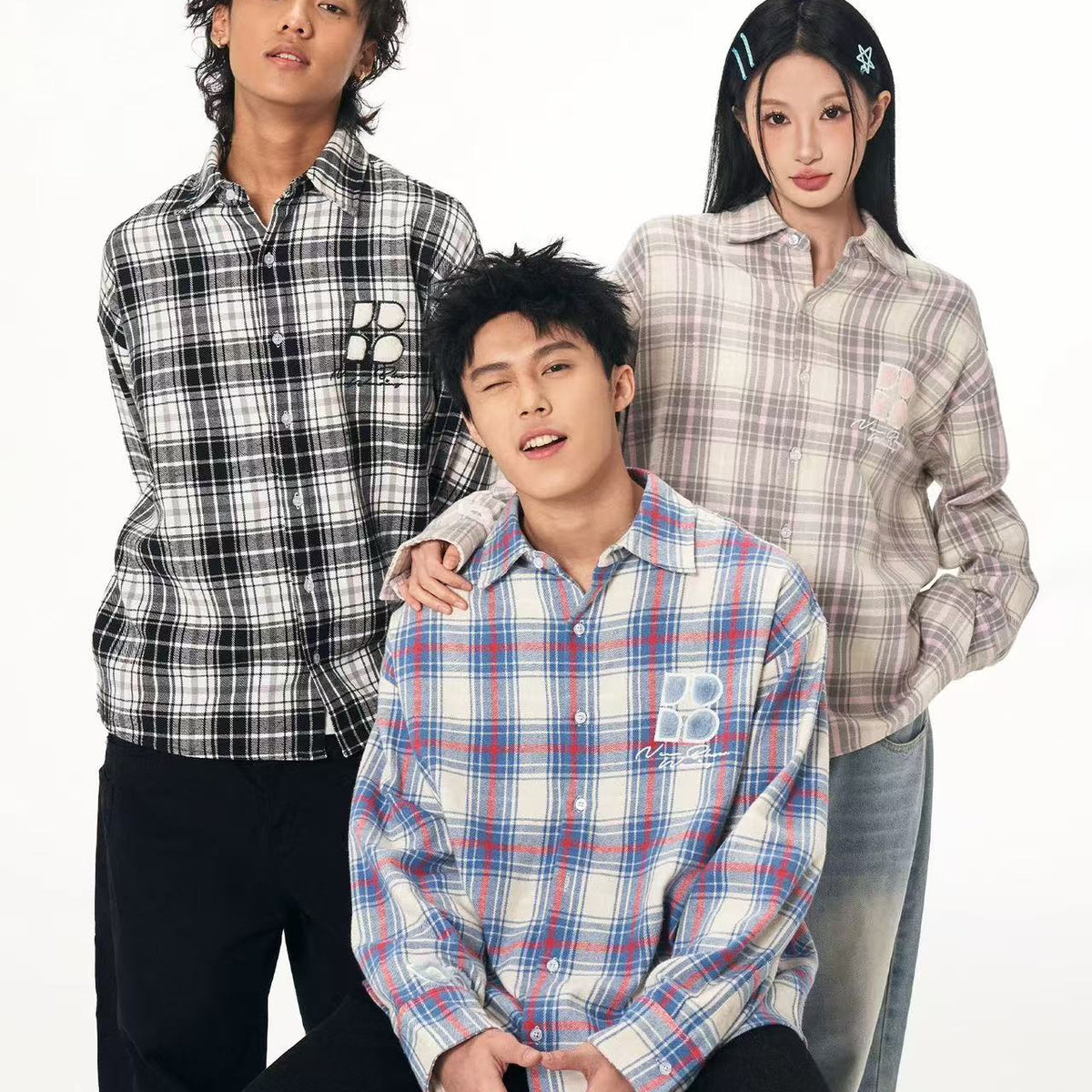 BIPOLAR Fleece patchwork Brushed Contrast plaid Tops