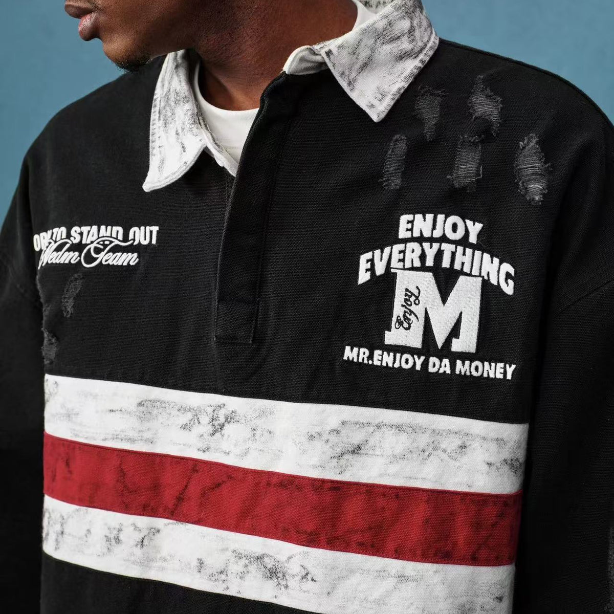 MEDM Contrast Color Striped Polo Long-sleeve T-shirt