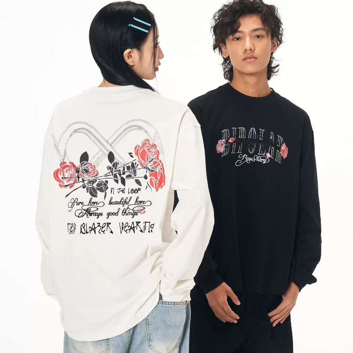 BIPOLAR Neon Rose Embroidered Long-sleeves T-shirts