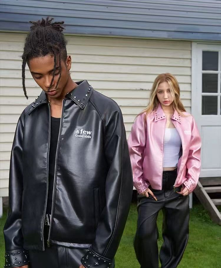 AFGK Glossy Studded Zippered Leather Jacket