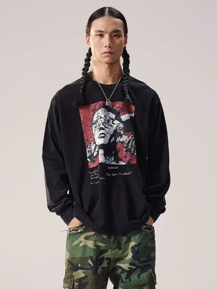 REMEDY Retro Distressed Printing Long-sleeve Tee