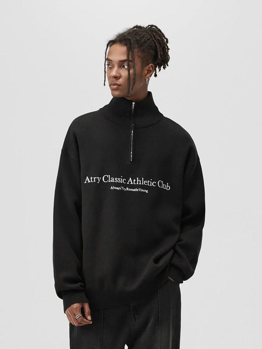 ATRY Slogan Embroidered  Polo Zipper Sweater