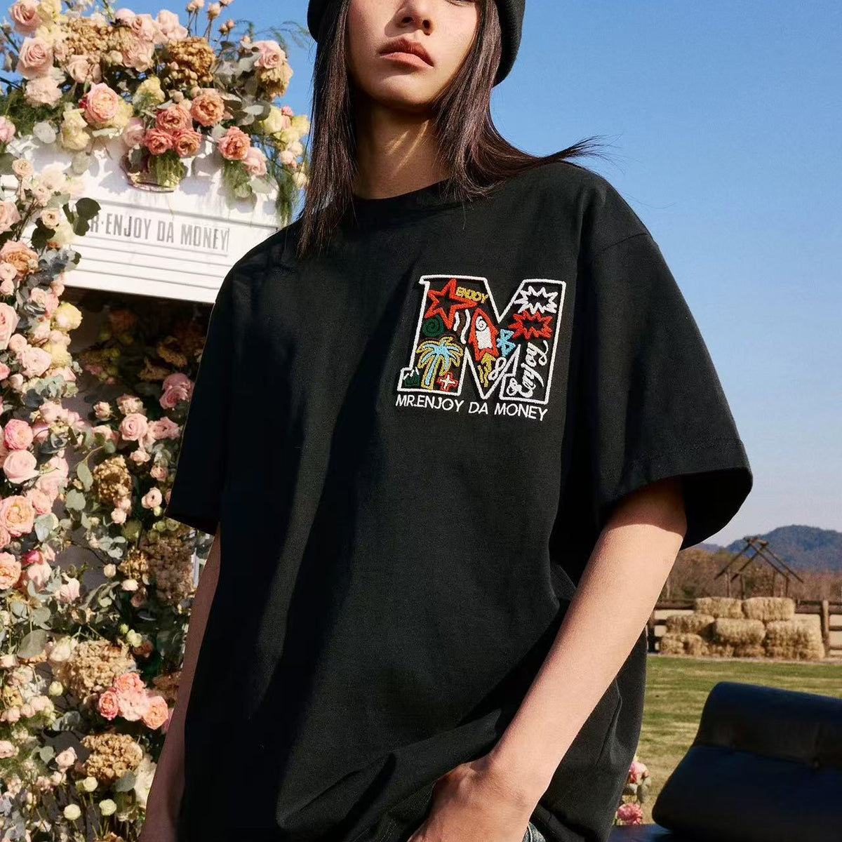 MEDM Coconut Tree Star Embroidered M Logo Summer Short-sleeved T-shirt
