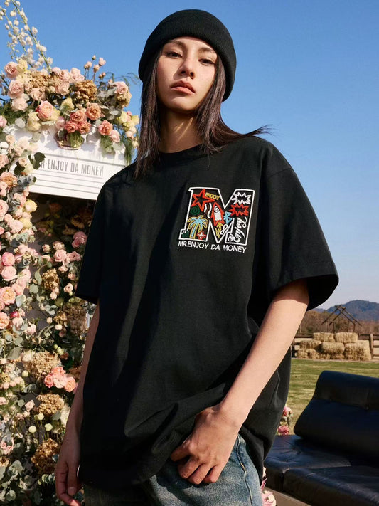 MEDM Coconut Tree Star Embroidered M Logo Summer Short-sleeved T-shirt