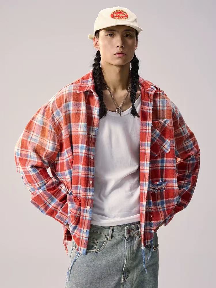 REMEDY Distressed Plaid Long-sleeve Shirt