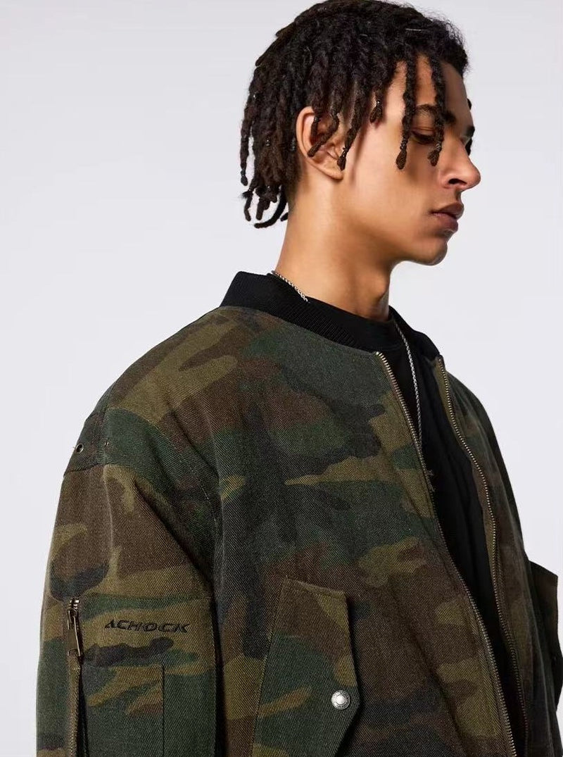 ACHOCK Washed Distressed Camouflage Cotton Bomber Jacket