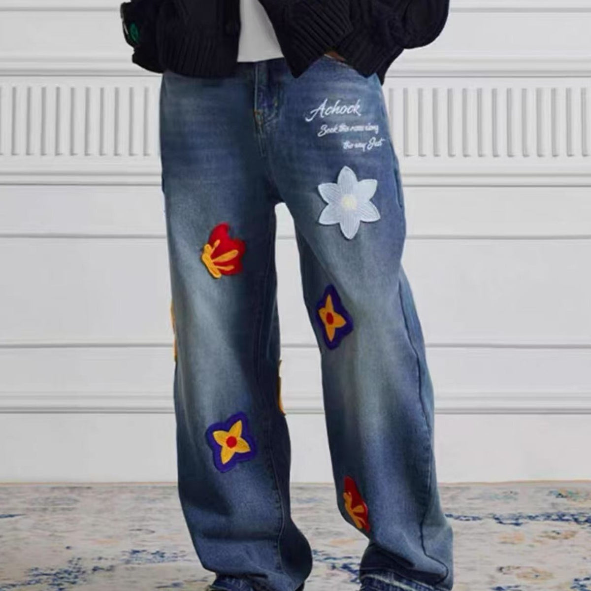 ACHOCK Creative Letter Petal Embroidered Jeans