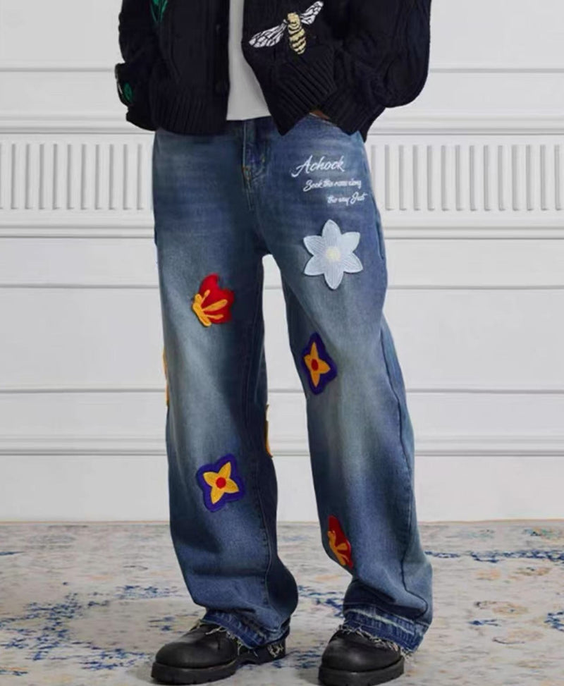 ACHOCK Creative Letter Petal Embroidered Jeans