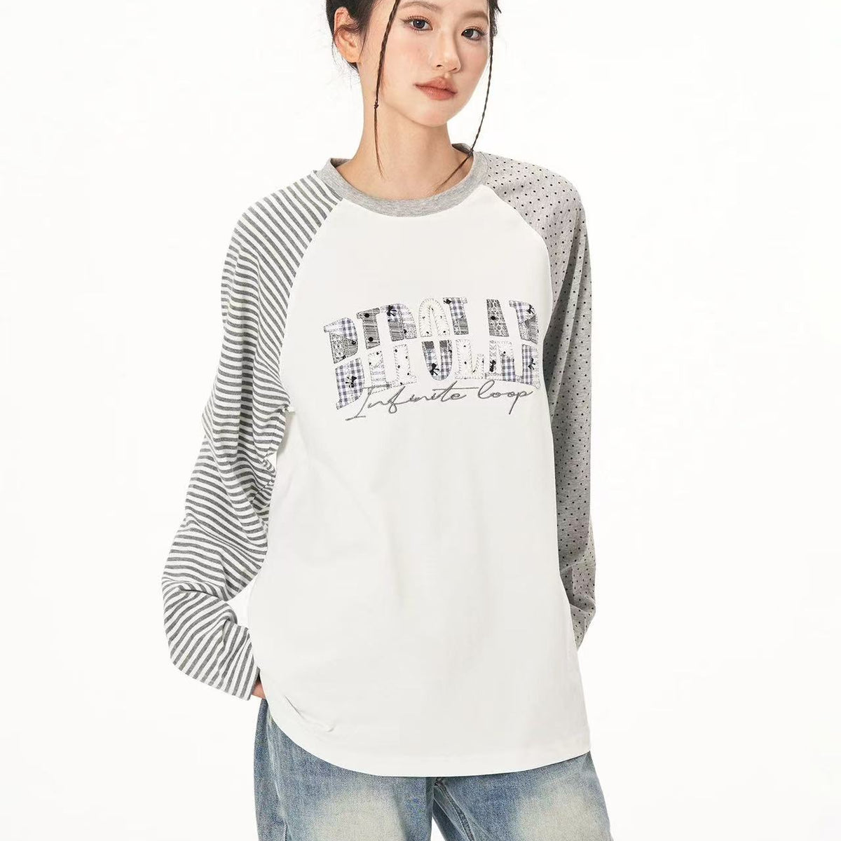 BIPOLAR  Polka Dot Striped Raglan Long-sleeves T-shirts