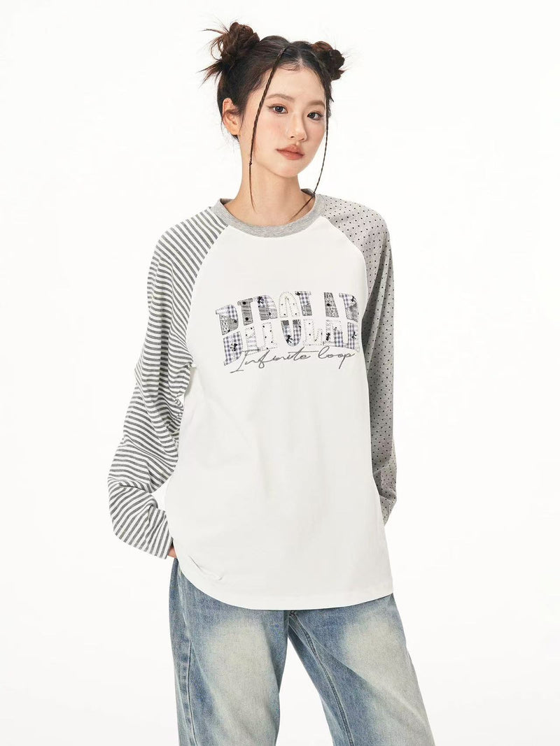 BIPOLAR  Polka Dot Striped Raglan Long-sleeves T-shirts