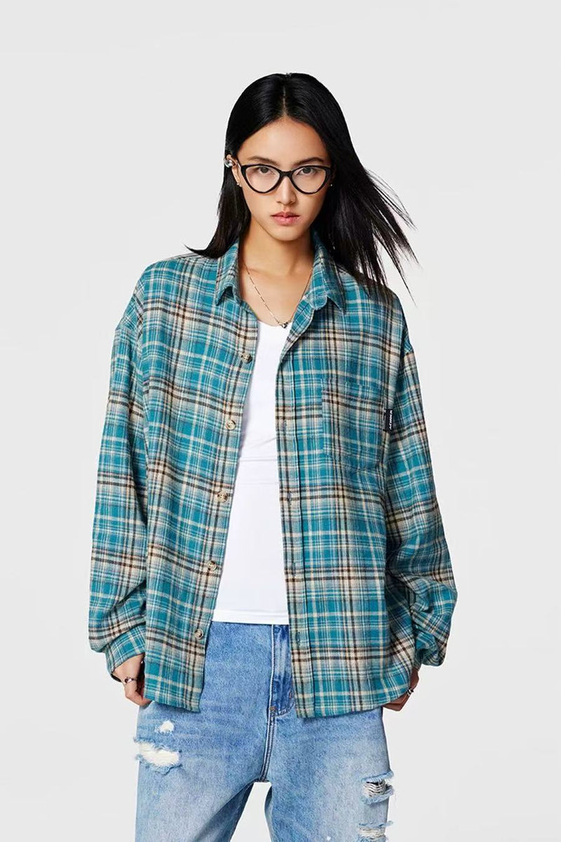 ACHOCK Retro Blue Plaid Long-sleeve Shirt