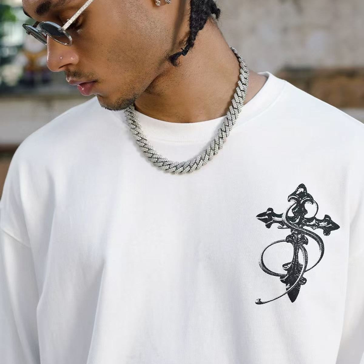 STK Vintage Black and White Cross Long-Sleeve T-Shirt