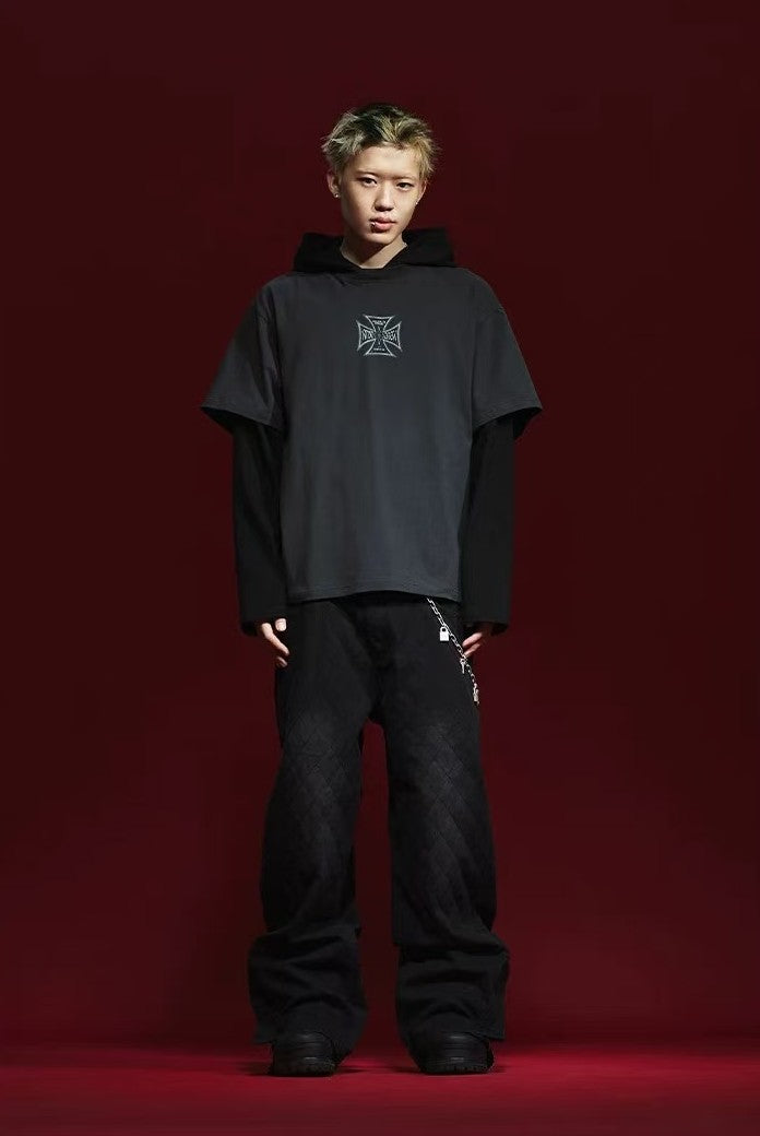 REMEDY Retro Fake Two-piece Hooded Long-sleeved T-shirt