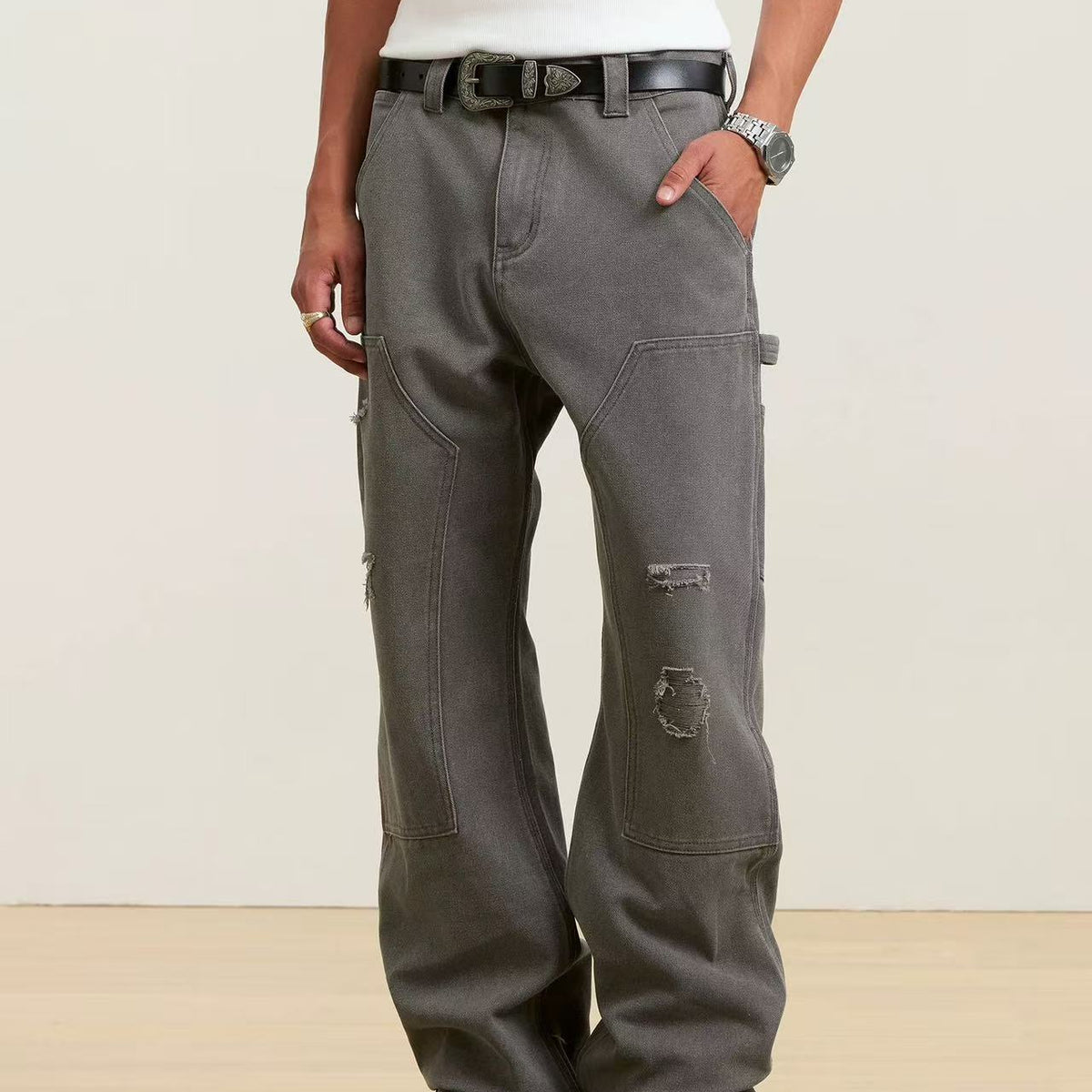 STK Washed Distressed Patchwork Jeans