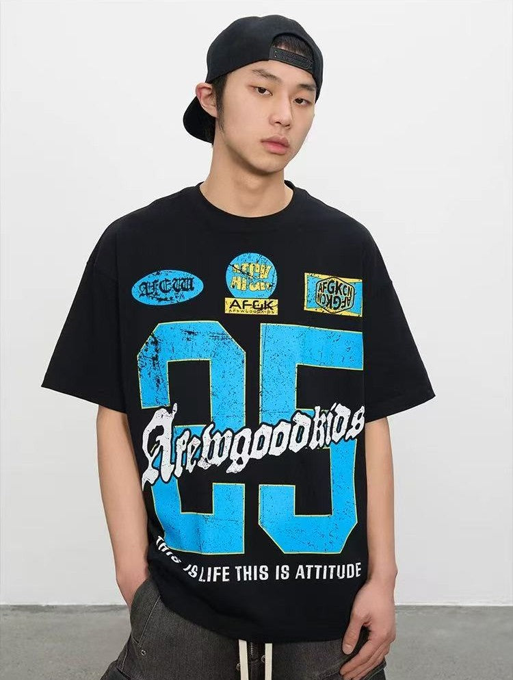 AFGK Retro Distressed Logo Print Short-sleeved T-shirt