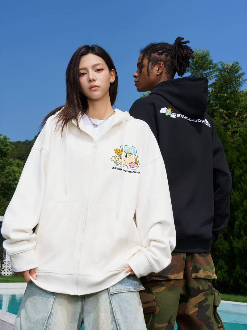 AFGK Hand-painted Lettering Embroidered Zipper Cardigan