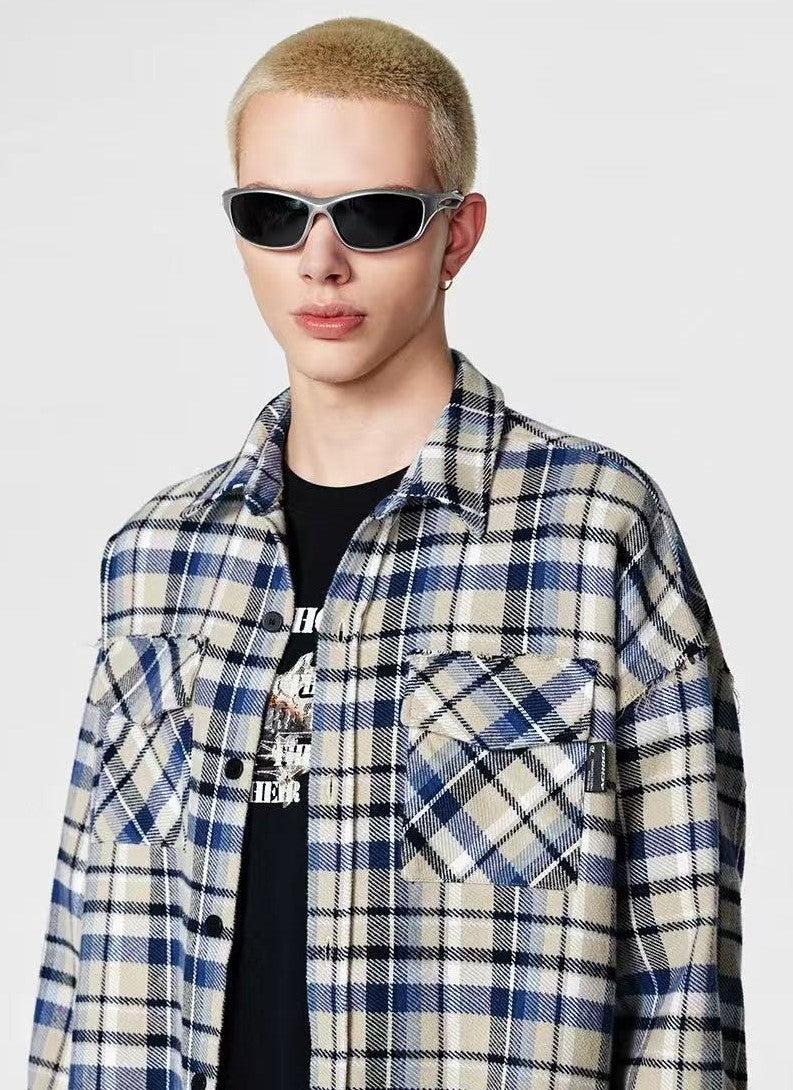 ACHOCK Retro Plaid Tassel Long-sleeve Shirt