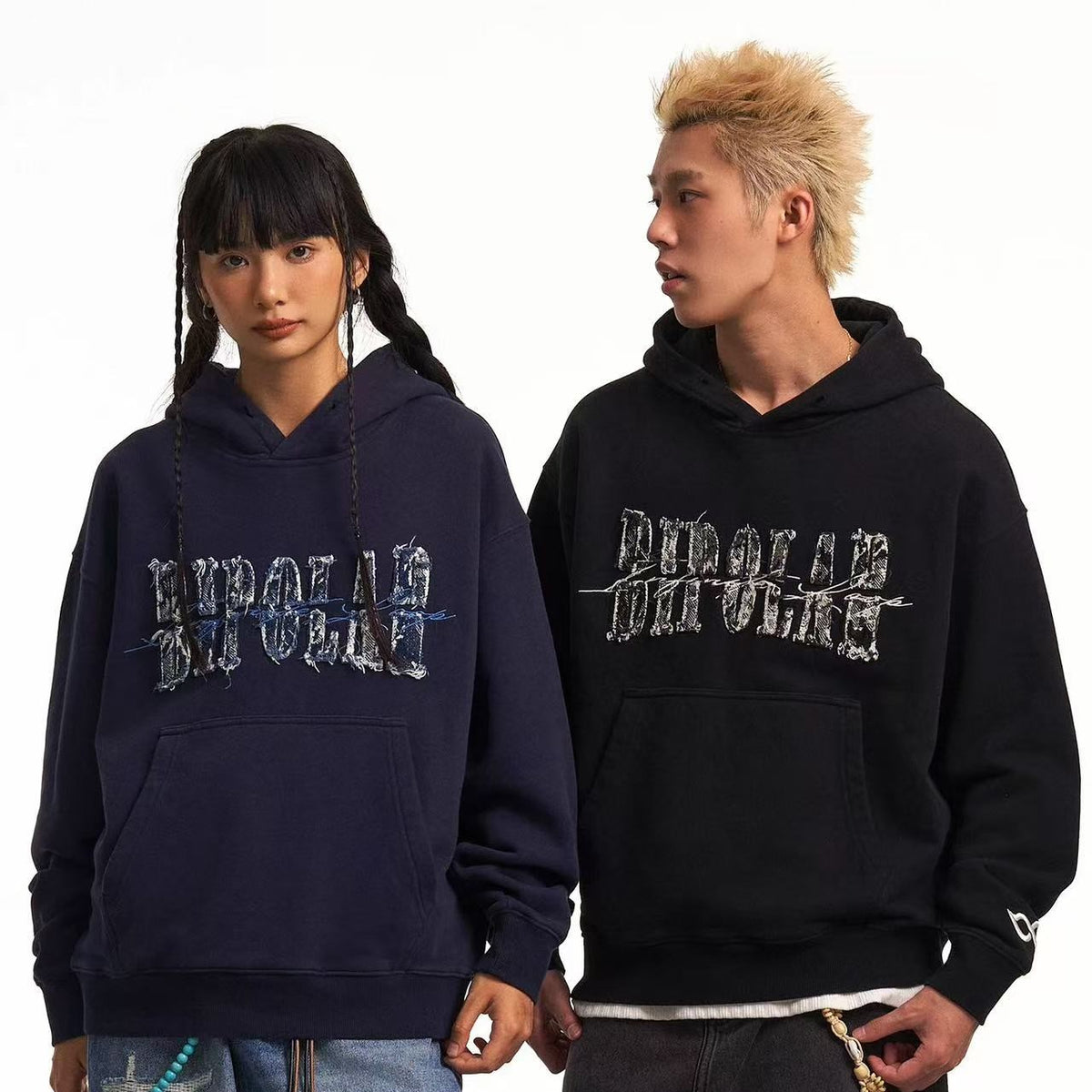 BIPOLAR Destroyed and Torn Creative Design Denim Patch Hoodie