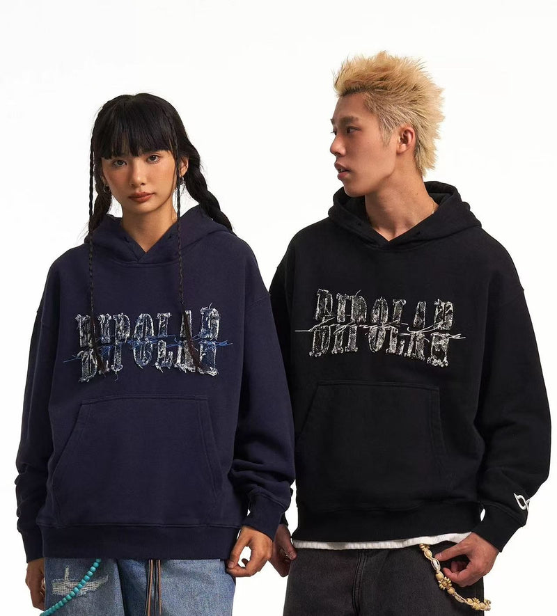 BIPOLAR Destroyed and Torn Creative Design Denim Patch Hoodie