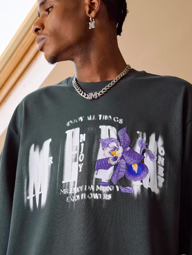 MEDM Phantom Floral Embroidered Long Sleeve T-Shirt