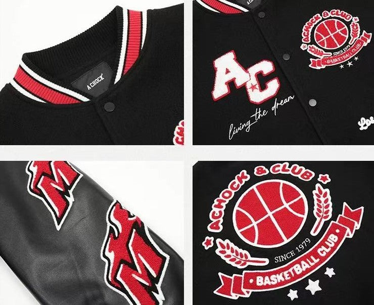 ACHOCK Retro Stitching Flocked Embroidery Varsity Jacket