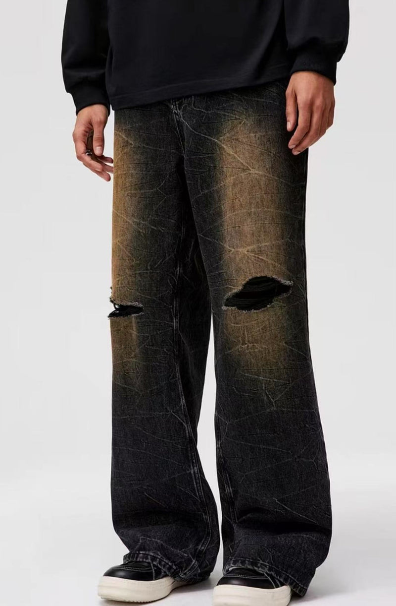ATRY Heavy Textured Washed Knee Ripped Denim Trousers