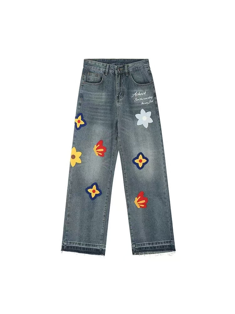 ACHOCK Creative Letter Petal Embroidered Jeans