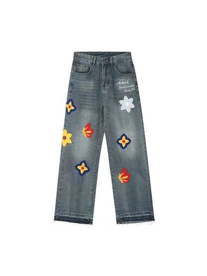 ACHOCK Creative Letter Petal Embroidered Jeans