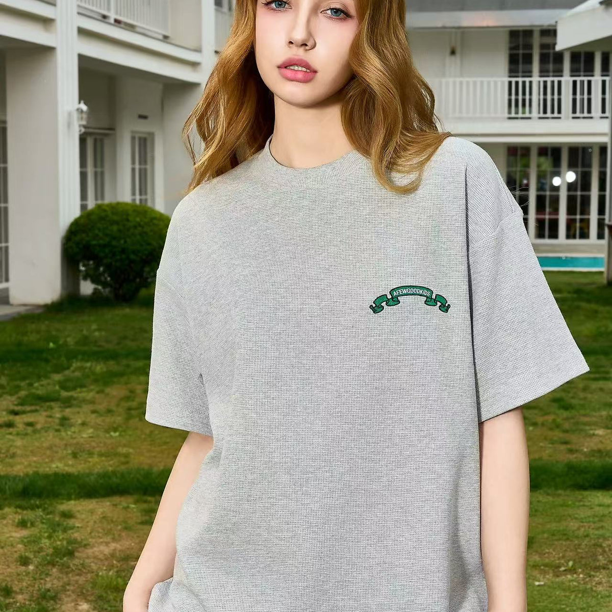 AFGK Waffle Ribbon Embroidered Short-sleeves T-shirt
