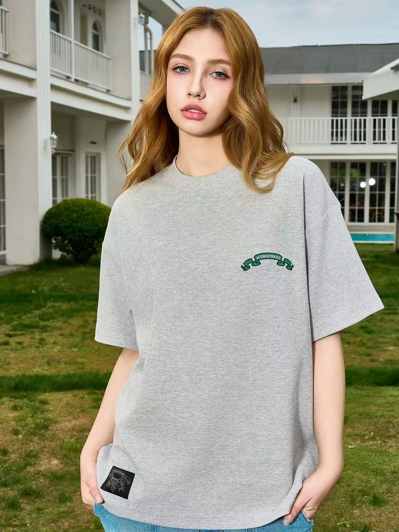 AFGK Waffle Ribbon Embroidered Short-sleeves T-shirt