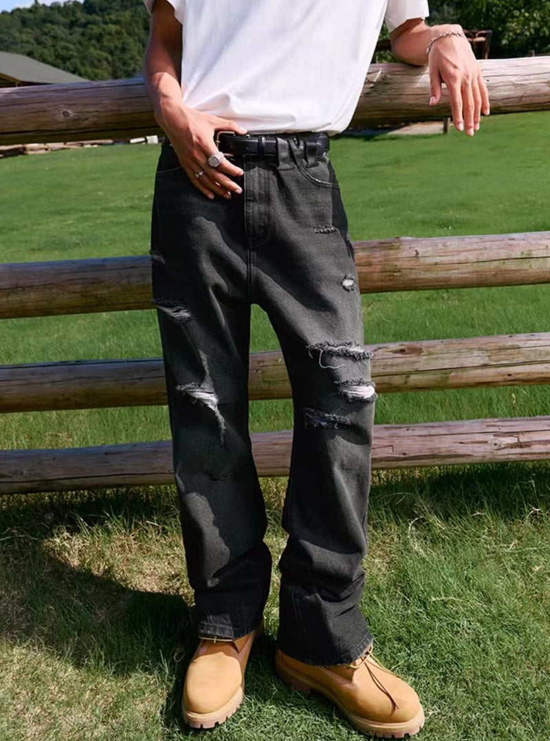 MEDM Large Letter Patch Leather Washed Ripped Jeans