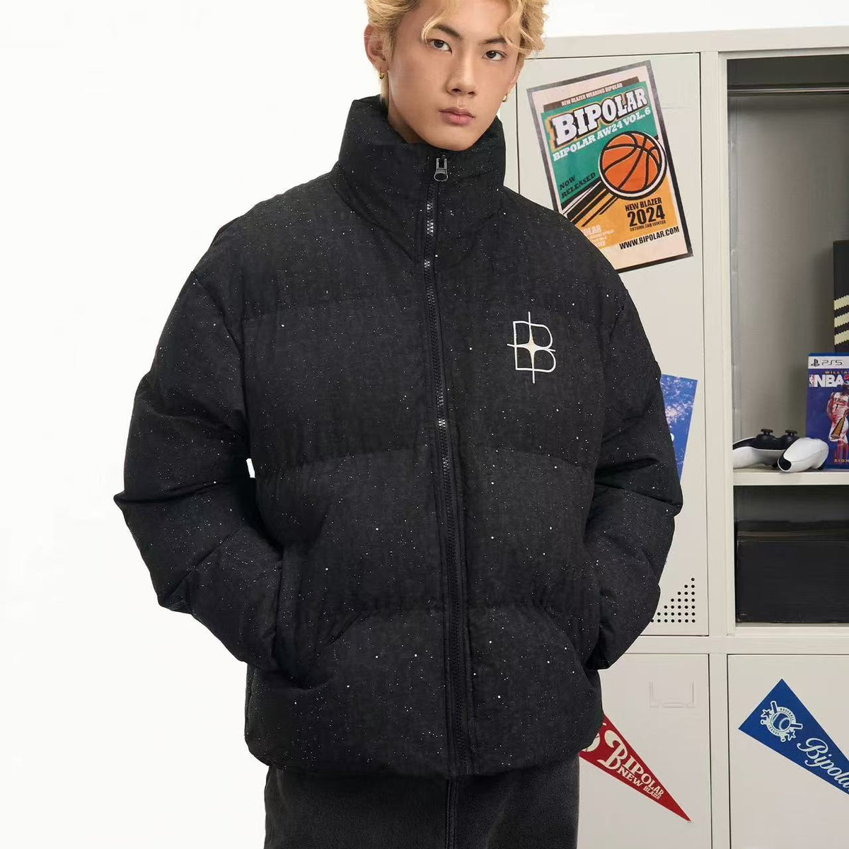 BIPOLAR Four-pointed Star Black Starry Sky Cotton Jacket