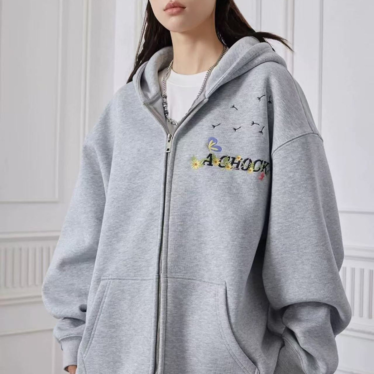 ACHOCK Heavy Floral Embroidered Zipper Sweatshirt